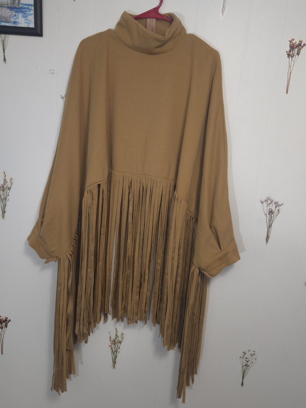Fringe Trim Mock Neck Poncho - Camel